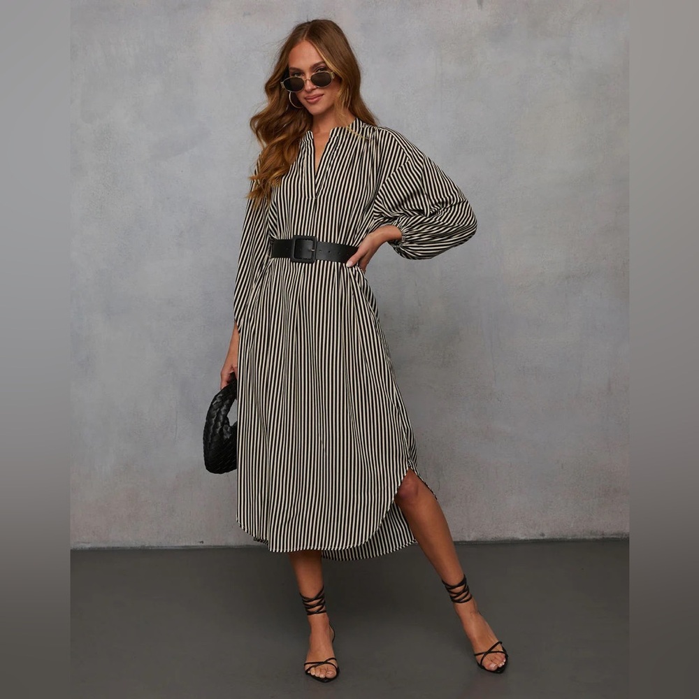 *NEW with tags* VICI Striped Black and Taupe Midi belted Dress size Large